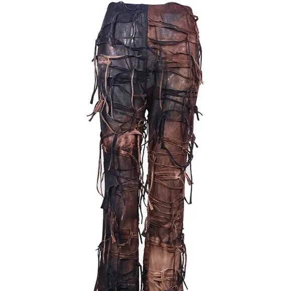 Earthy Brown Tassel Fringe Boho Grunge Leggings Pants - Picture 2 of 5
